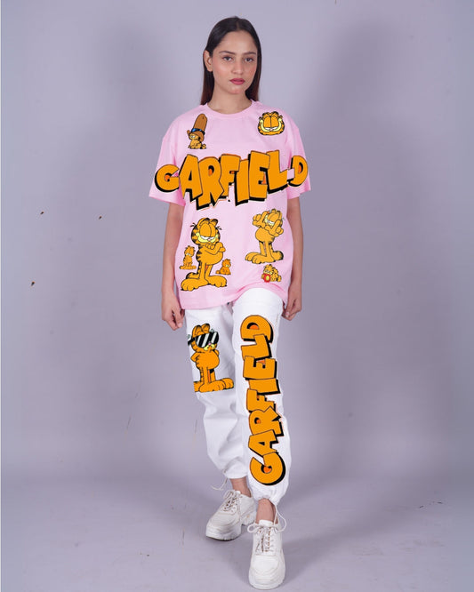 Women Garfield Oversized Co-Ord Set - Pink and White