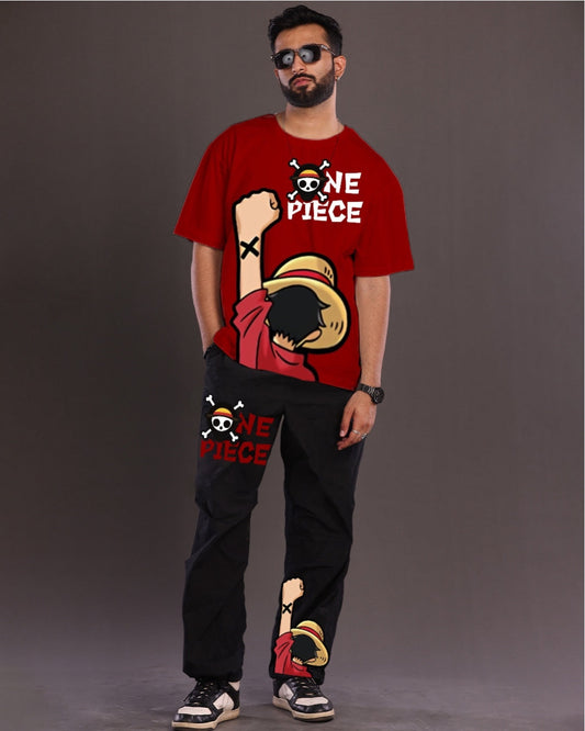 One Piece : Red and Black Oversized Men's Co Ord Set(*)