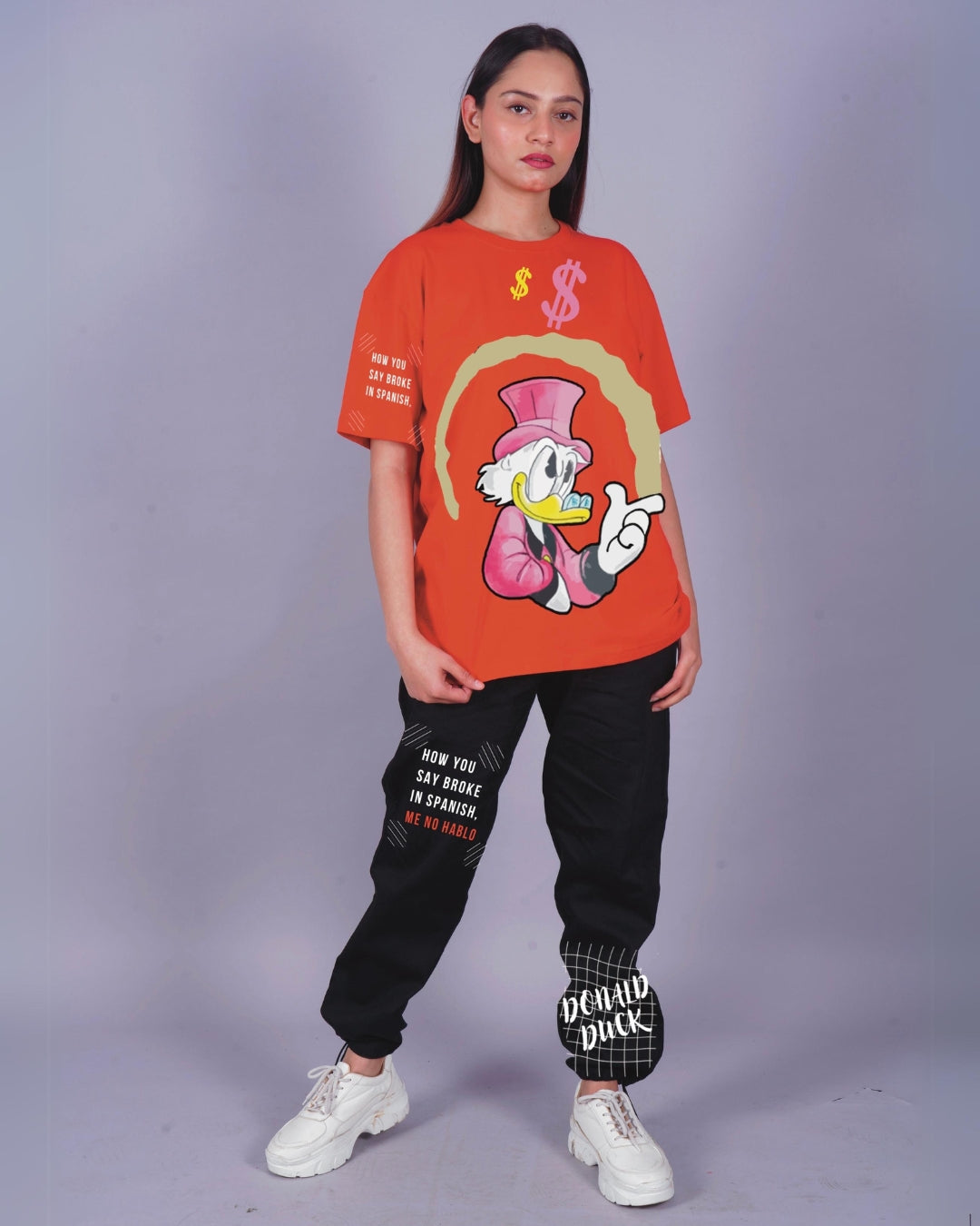 Women Duck Graphic Oversized Co-Ord Set - Red and Black