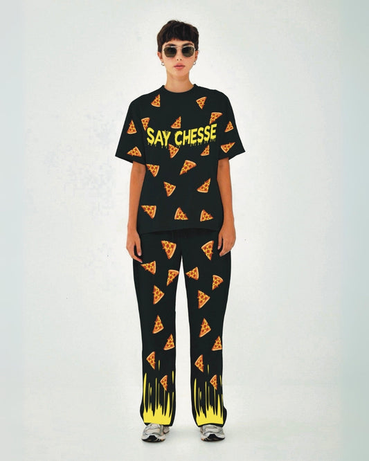 Women Say Cheese Oversized Co-Ord Set - Black and Black