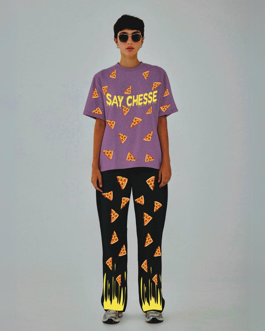 Women Say Cheese Oversized Co-Ord Set - Purple and Black