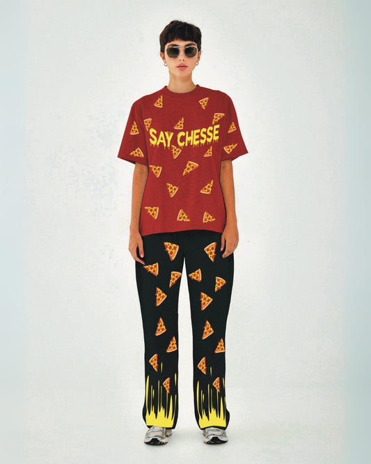 Women Say Cheese Oversized Co-Ord Set - Red and Black