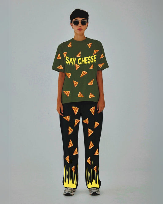 Women Say Cheese Oversized Co-Ord Set - Olive and Black