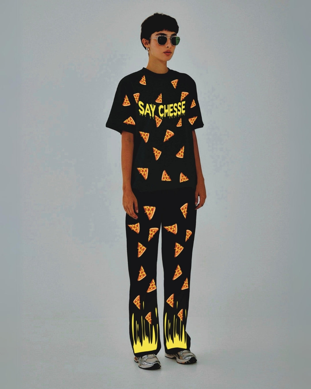 Women Say Cheese Oversized Co-Ord Set - Black and Black