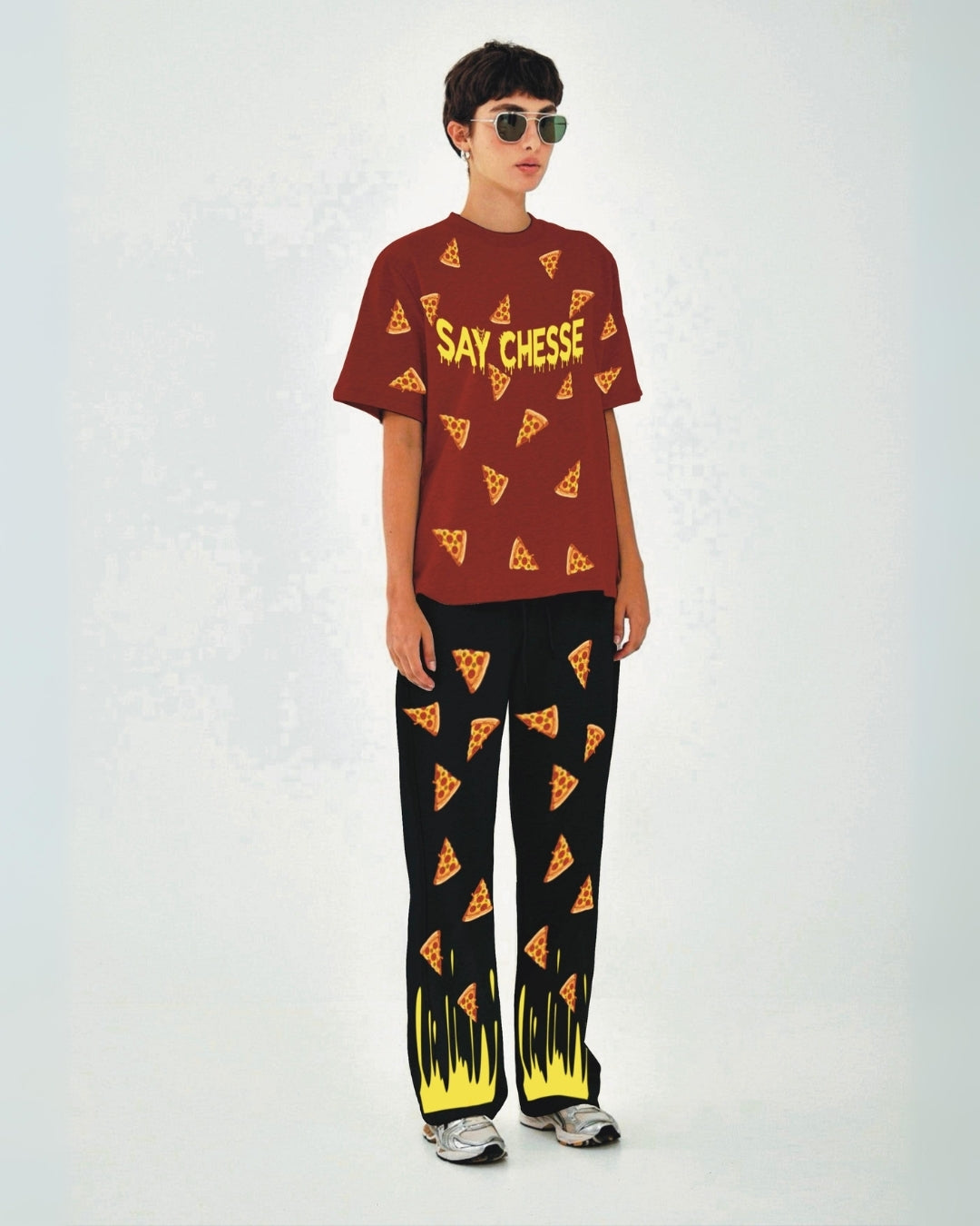 Women Say Cheese Oversized Co-Ord Set - Red and Black