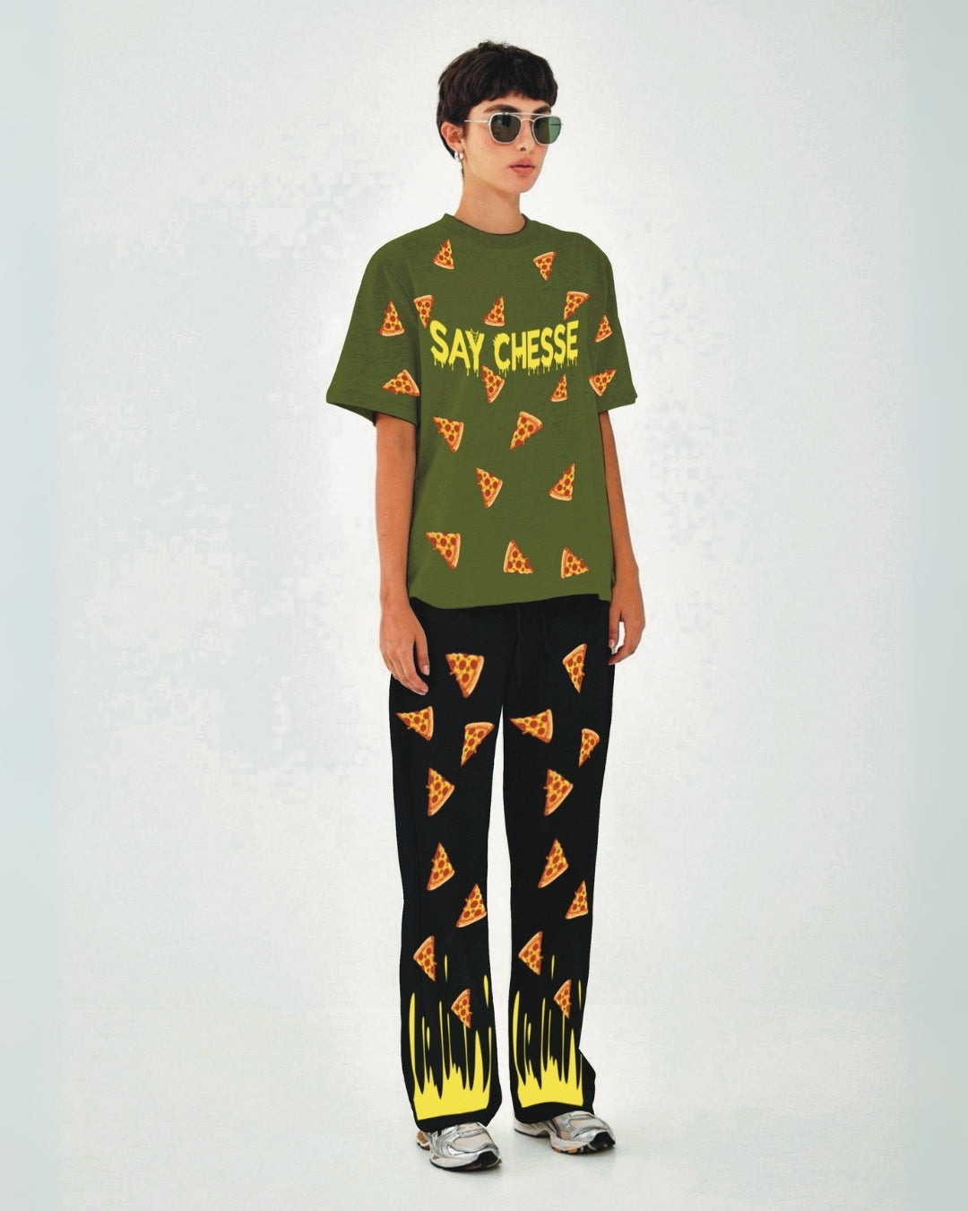 Women Say Cheese Oversized Co-Ord Set - Olive and Black