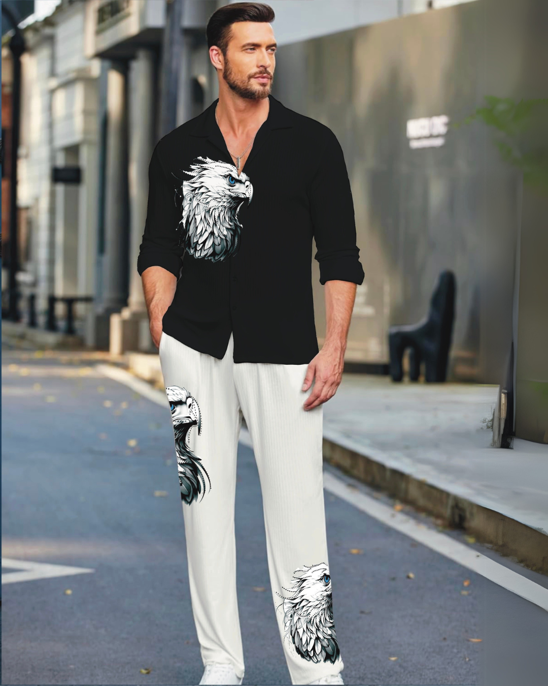 EAGLE FULL SLEEVE OVERSIZED KNITTED SHIRT COORD SET - BLACK AND WHITE (*)