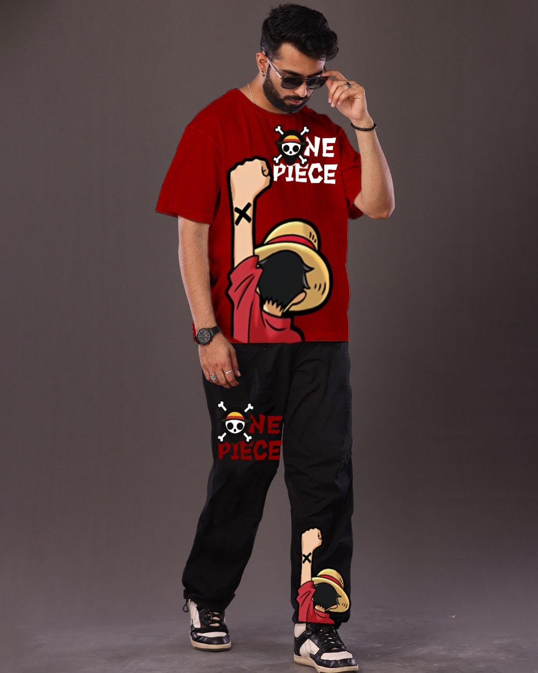 One Piece : Red and Black Oversized Men's Co Ord Set(*)