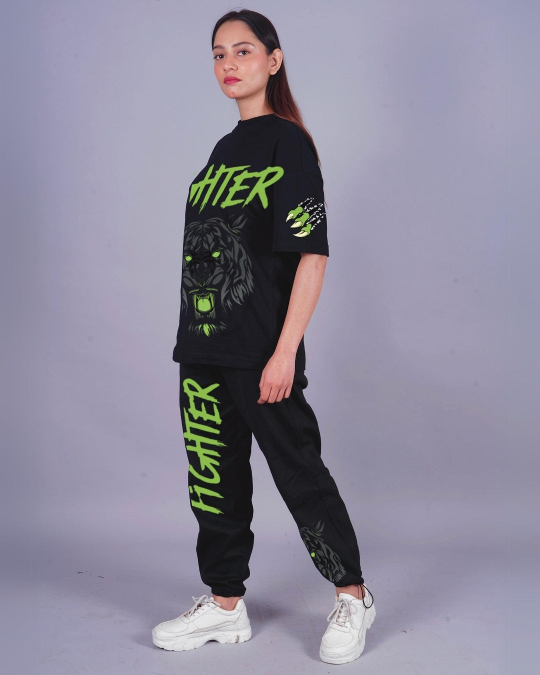 Women Fighter Oversized Co-Ord Set - Black and Black