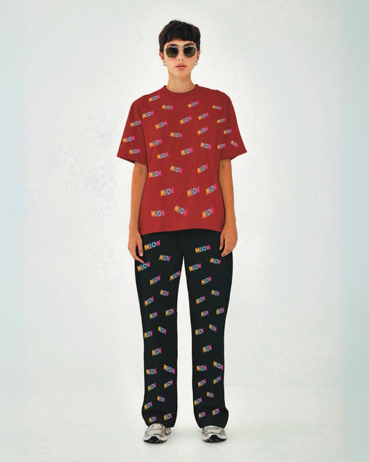 Women Meow Oversized Co-Ord Set - Red and Black