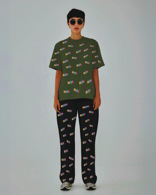 Women Meow Oversized Co-Ord Set - Olive and Black
