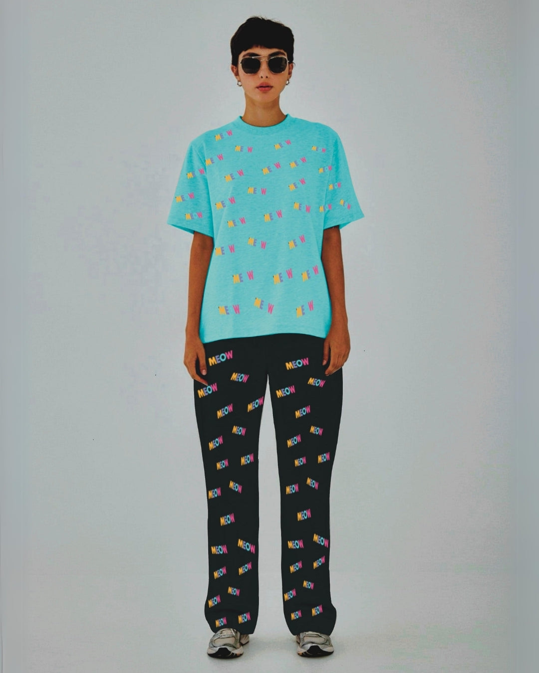 Women Meow Oversized Co-Ord Set - Blue and Black
