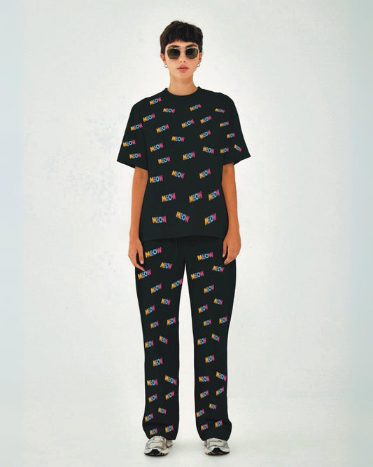 Women Meow Oversized Co-Ord Set - Black and Black