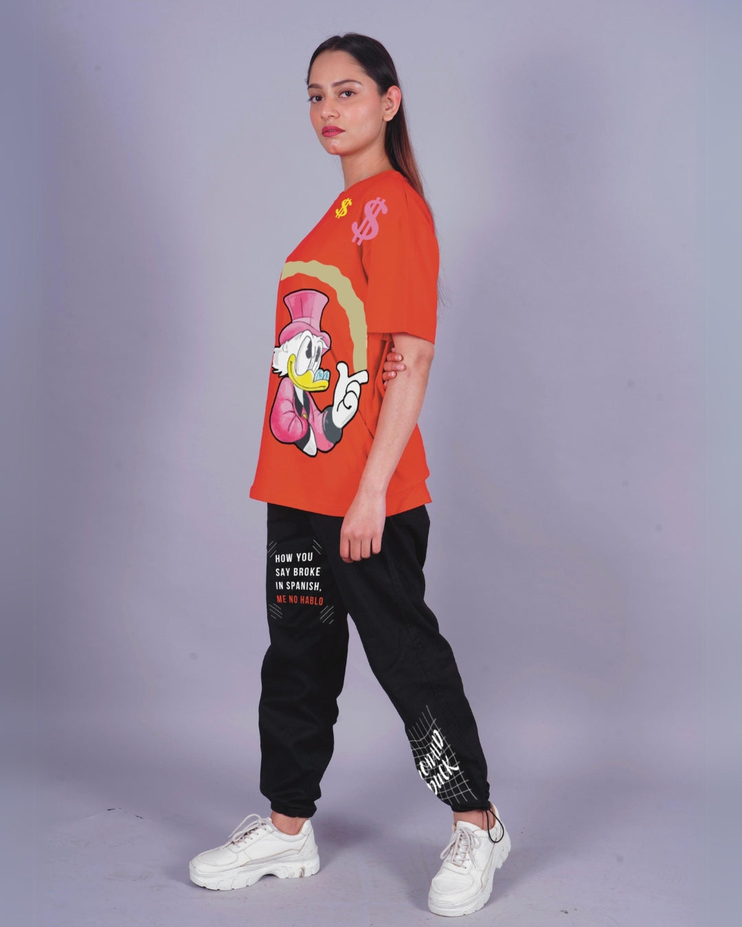 Women Duck Graphic Oversized Co-Ord Set - Red and Black
