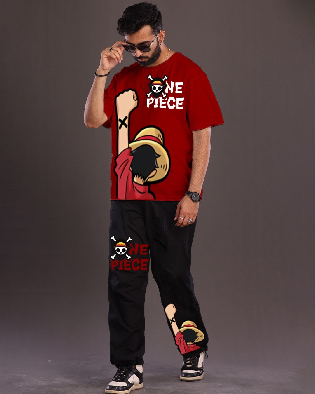 One Piece : Red and Black Oversized Men's Co Ord Set(*)