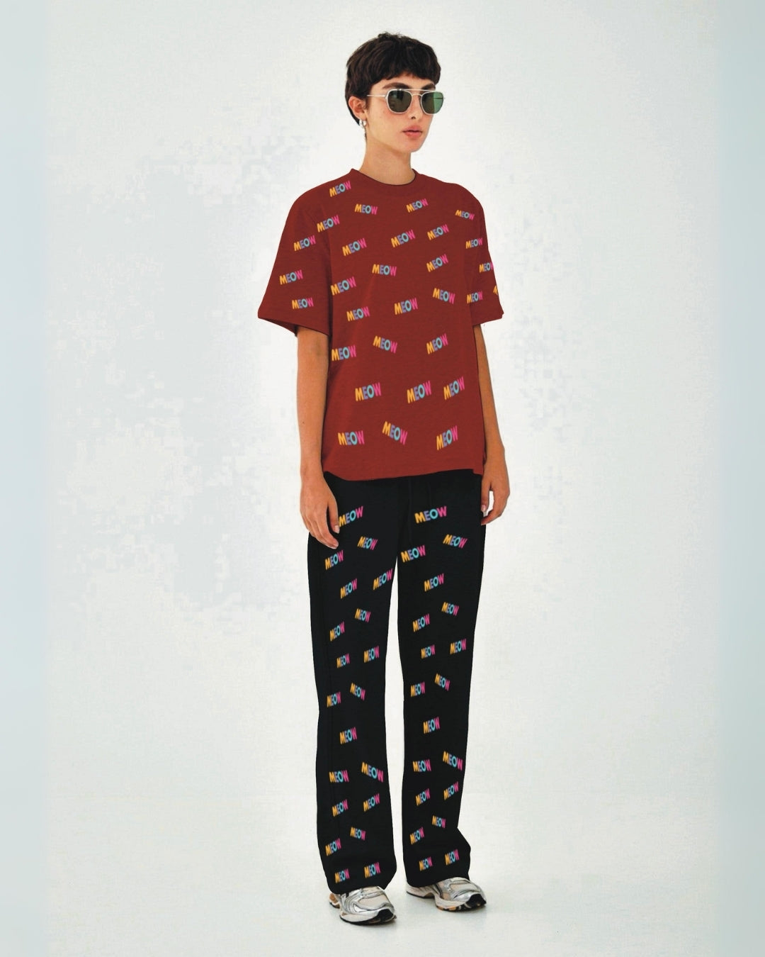 Women Meow Oversized Co-Ord Set - Red and Black