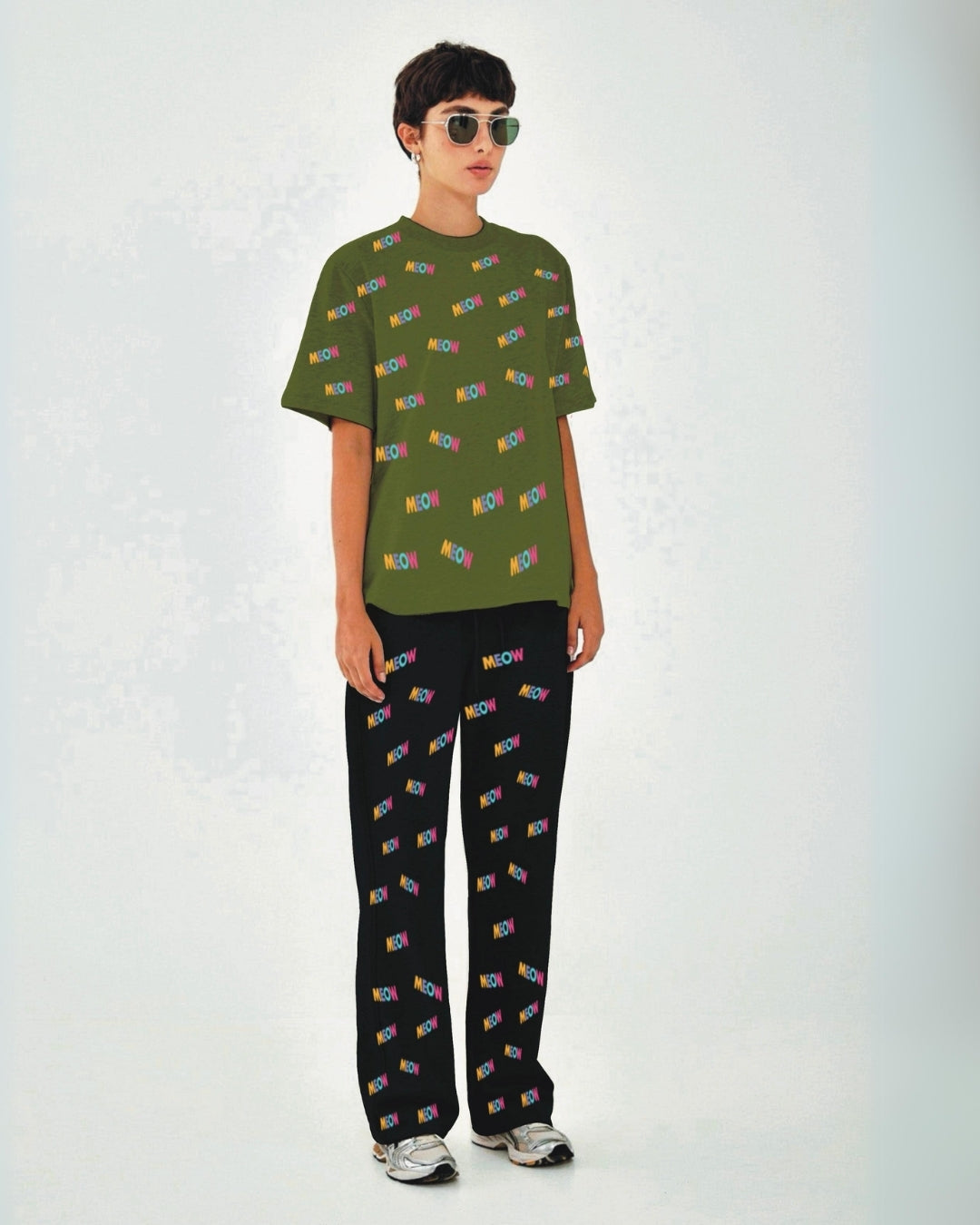 Women Meow Oversized Co-Ord Set - Olive and Black