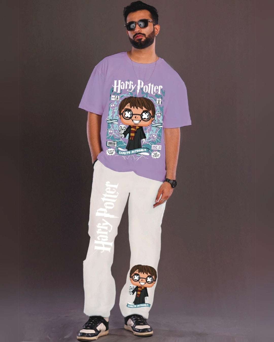 Young Harry Potter Men's Oversized Purple and White Coord Set