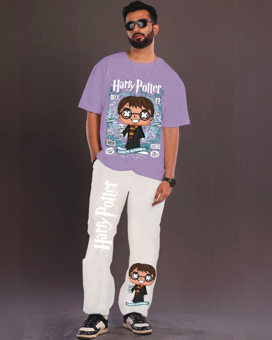 Young Harry Potter Men's Oversized Purple and White Coord Set