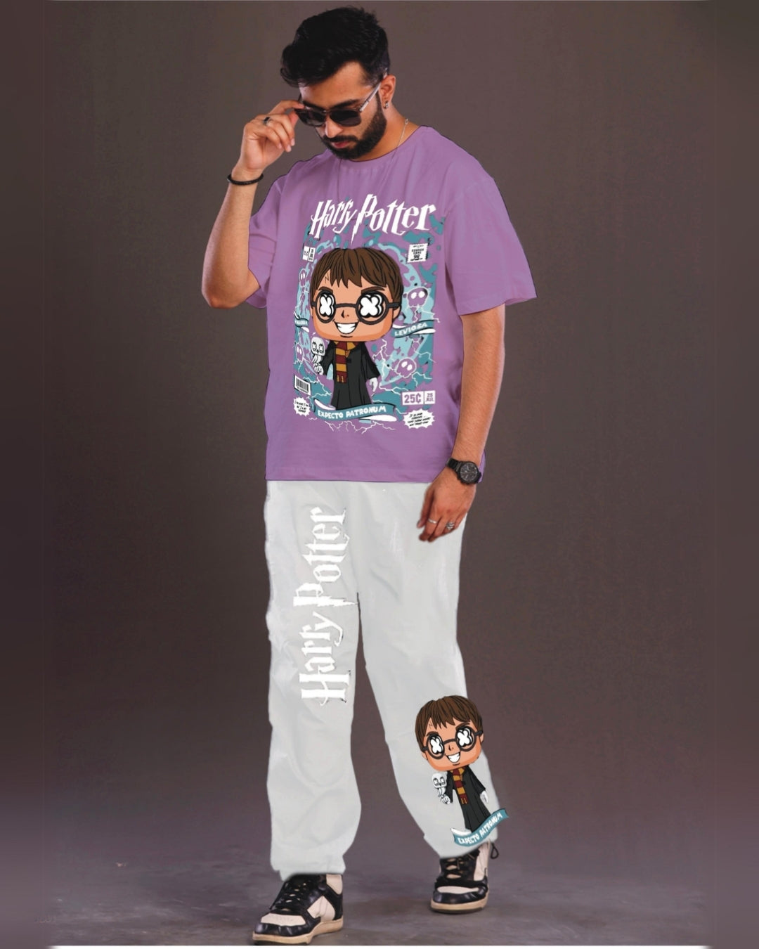 Young Harry Potter Men's Oversized Purple and White Coord Set