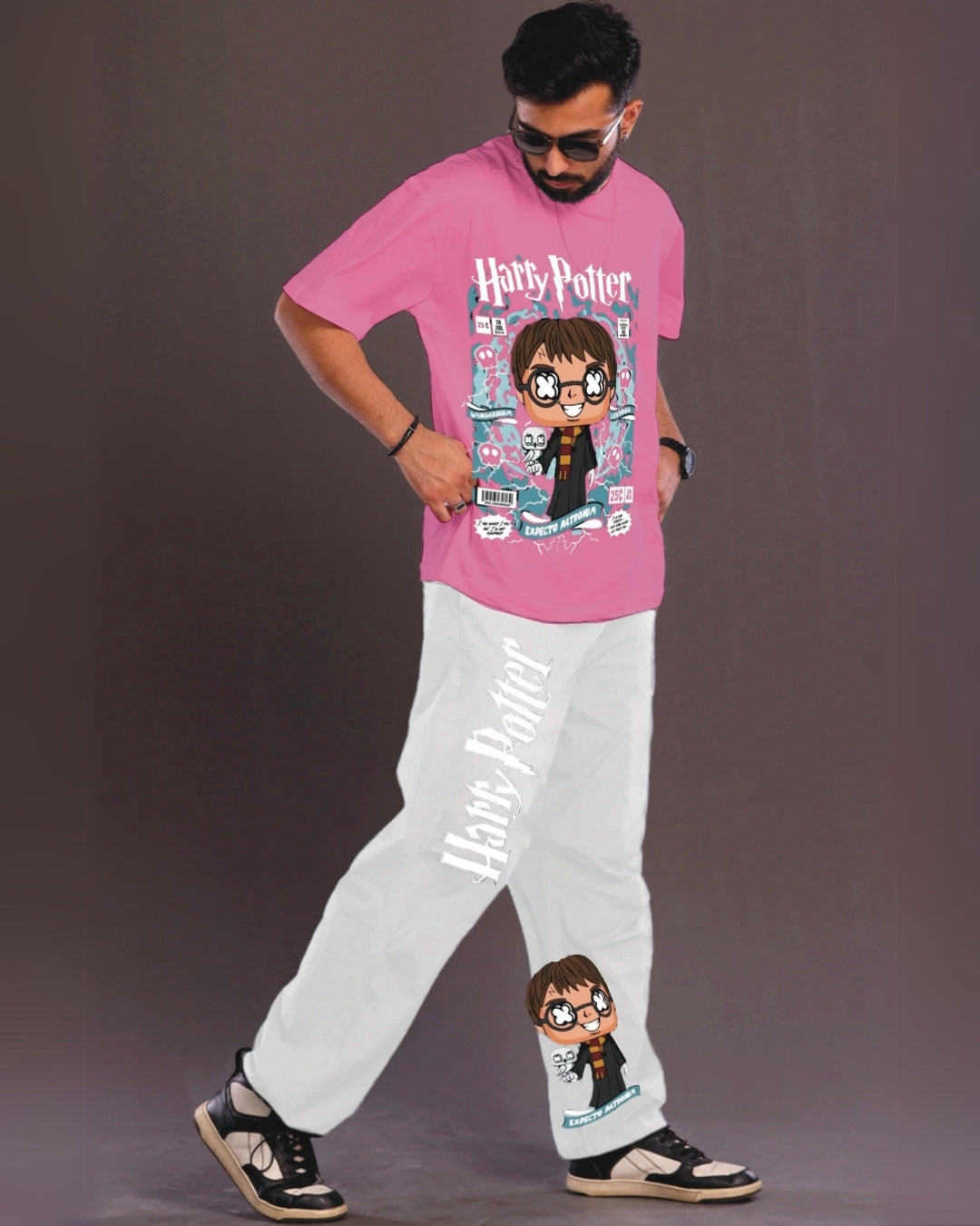 Young Harry Potter Men's Oversized Pink and White Coord Set