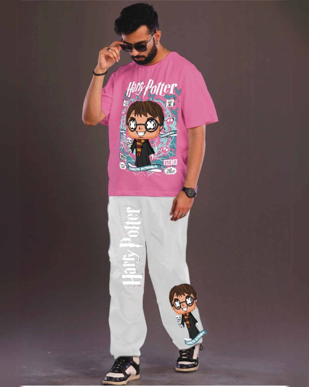 Young Harry Potter Men's Oversized Pink and White Coord Set
