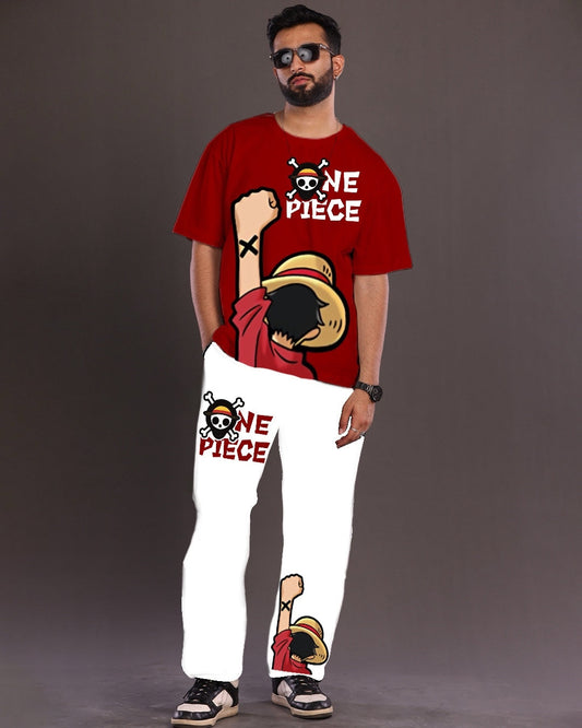 One Piece : Red and White Oversized Men's Co Ord Set(*)