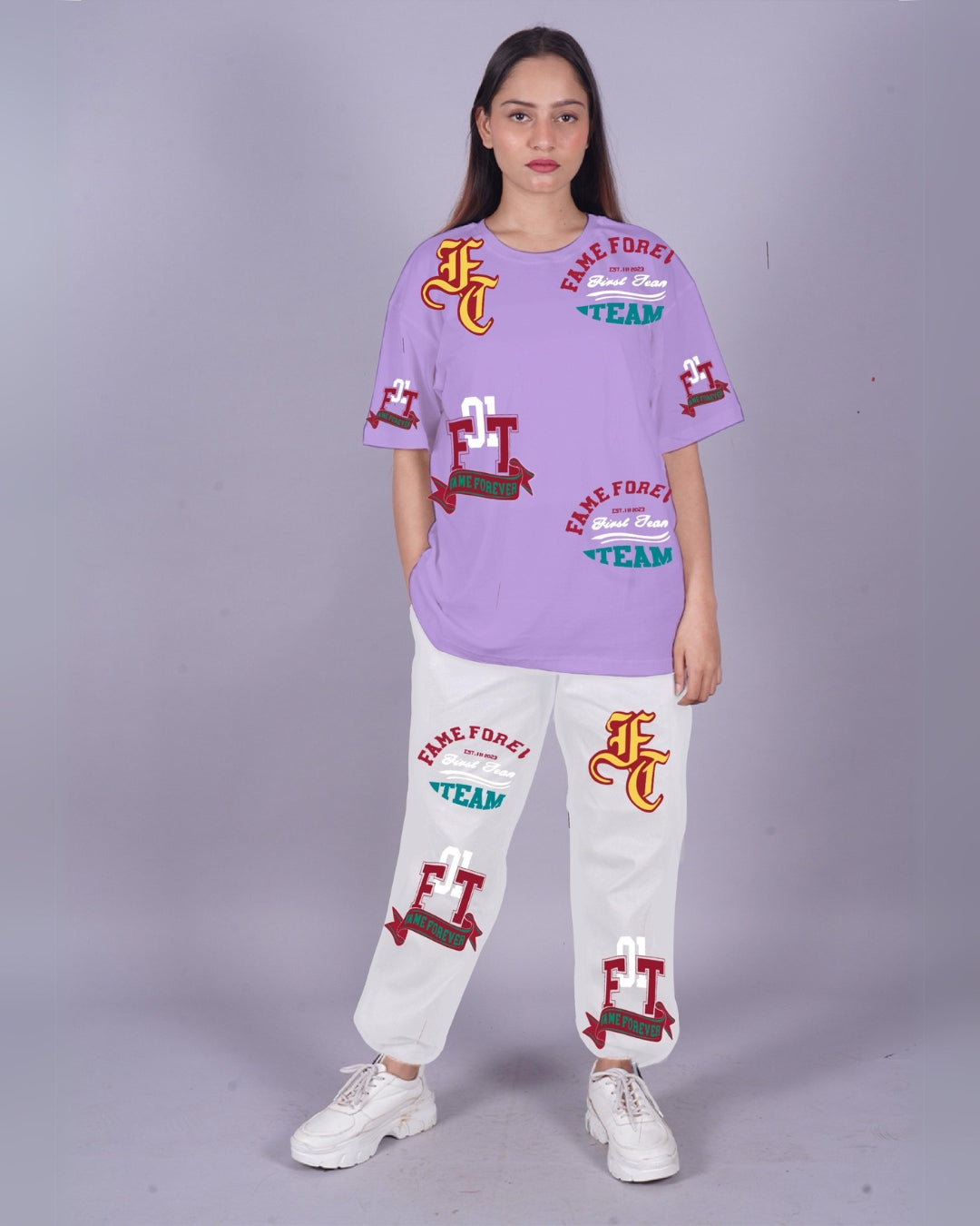 Women Fame Forever Oversized Co-Ord Set - Purple and White