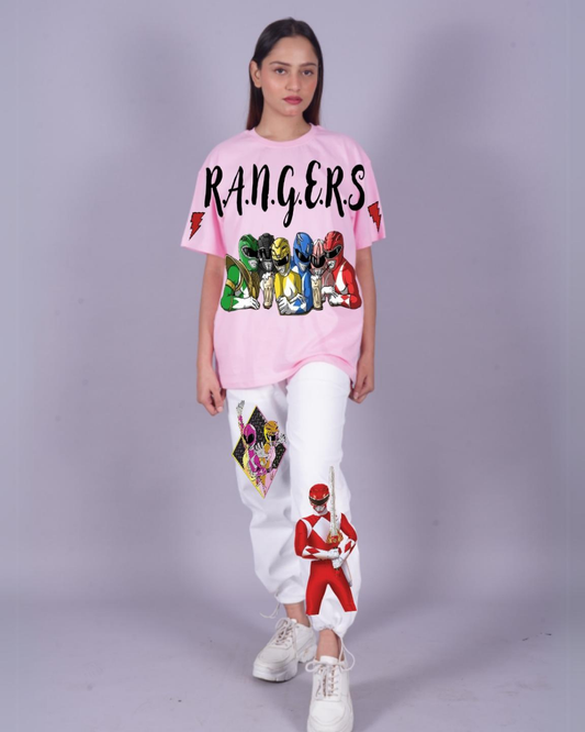 Women Rangers Oversized Co-Ord Set - Pink and White