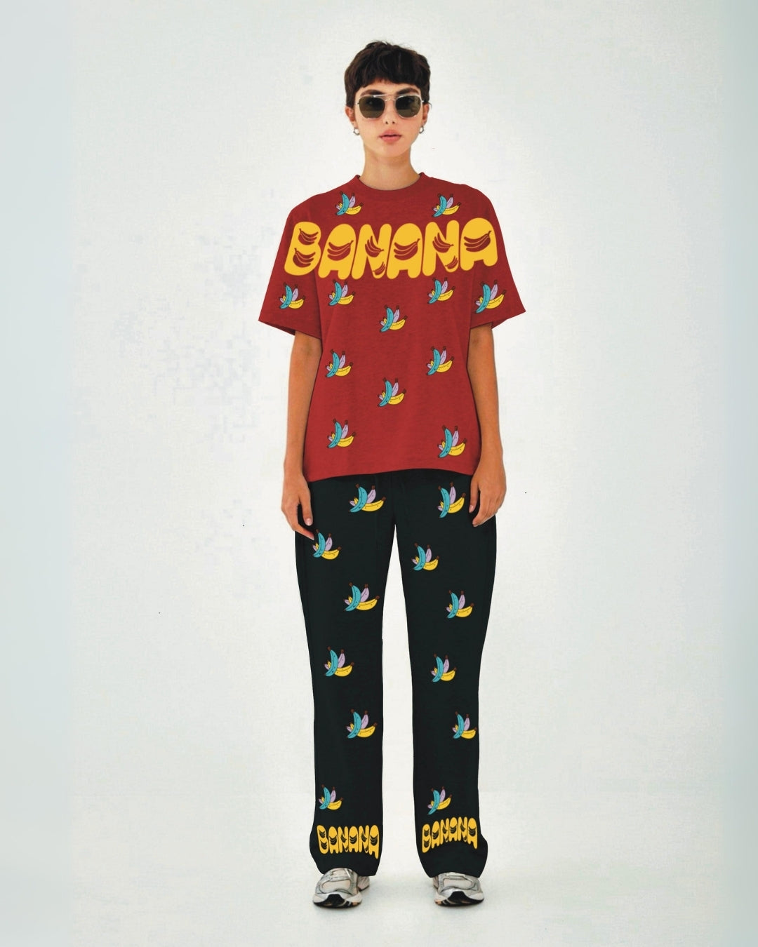 Women Banana Design Oversized Co-Ord Set - Red and Black