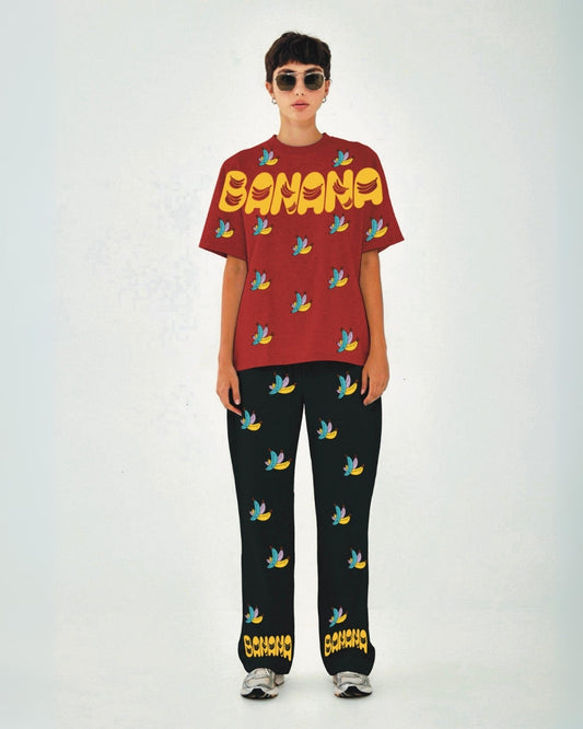 Women Banana Design Oversized Co-Ord Set - Red and Black