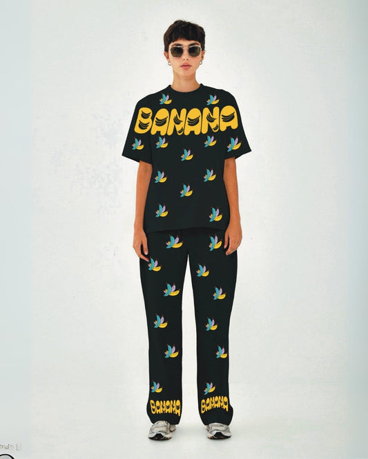 Women Banana Design Oversized Co-Ord Set - Black and Black