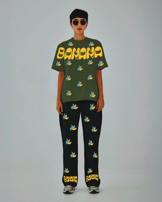 Women Banana Design Oversized Co-Ord Set - Olive and Black