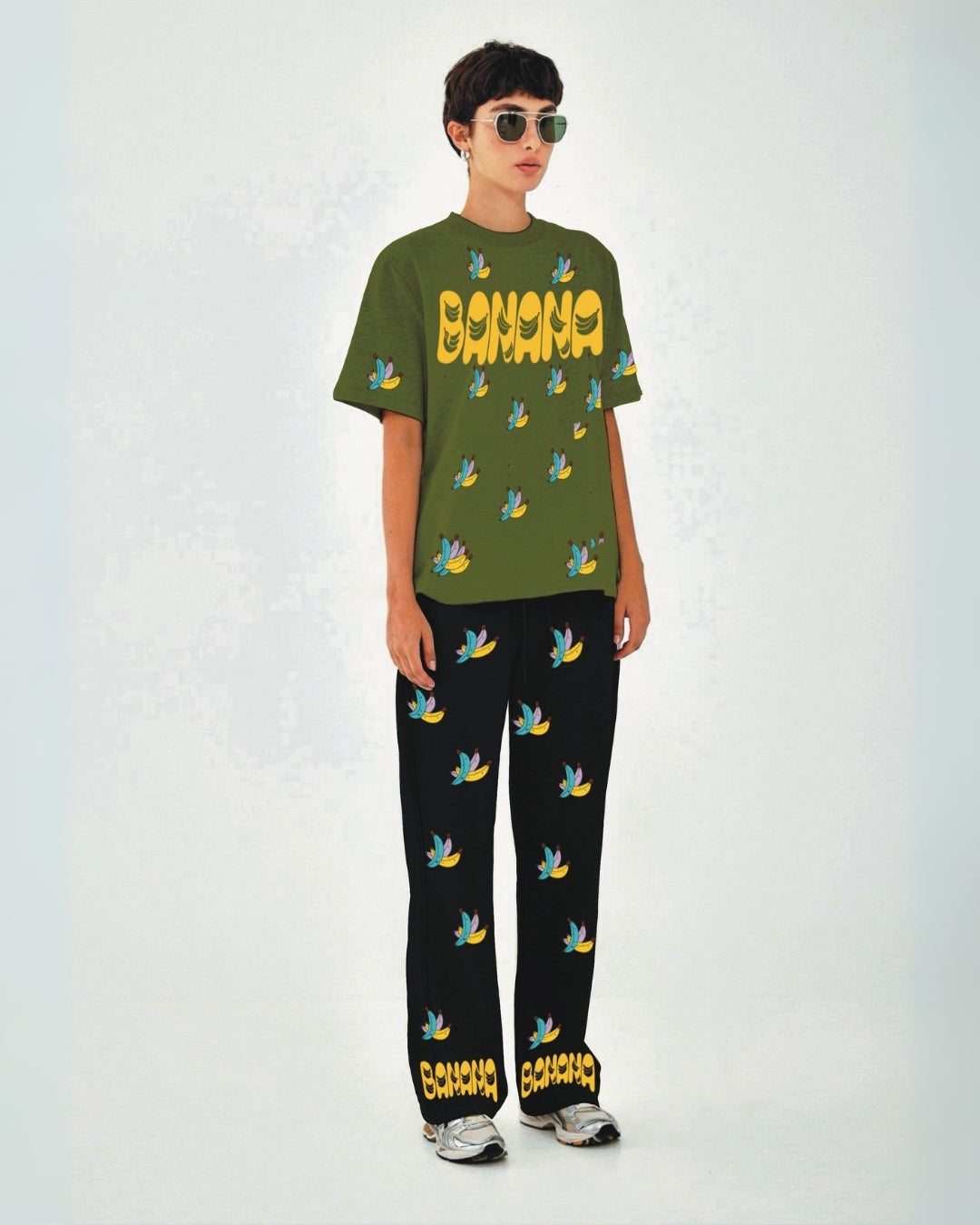 Women Banana Design Oversized Co-Ord Set - Olive and Black