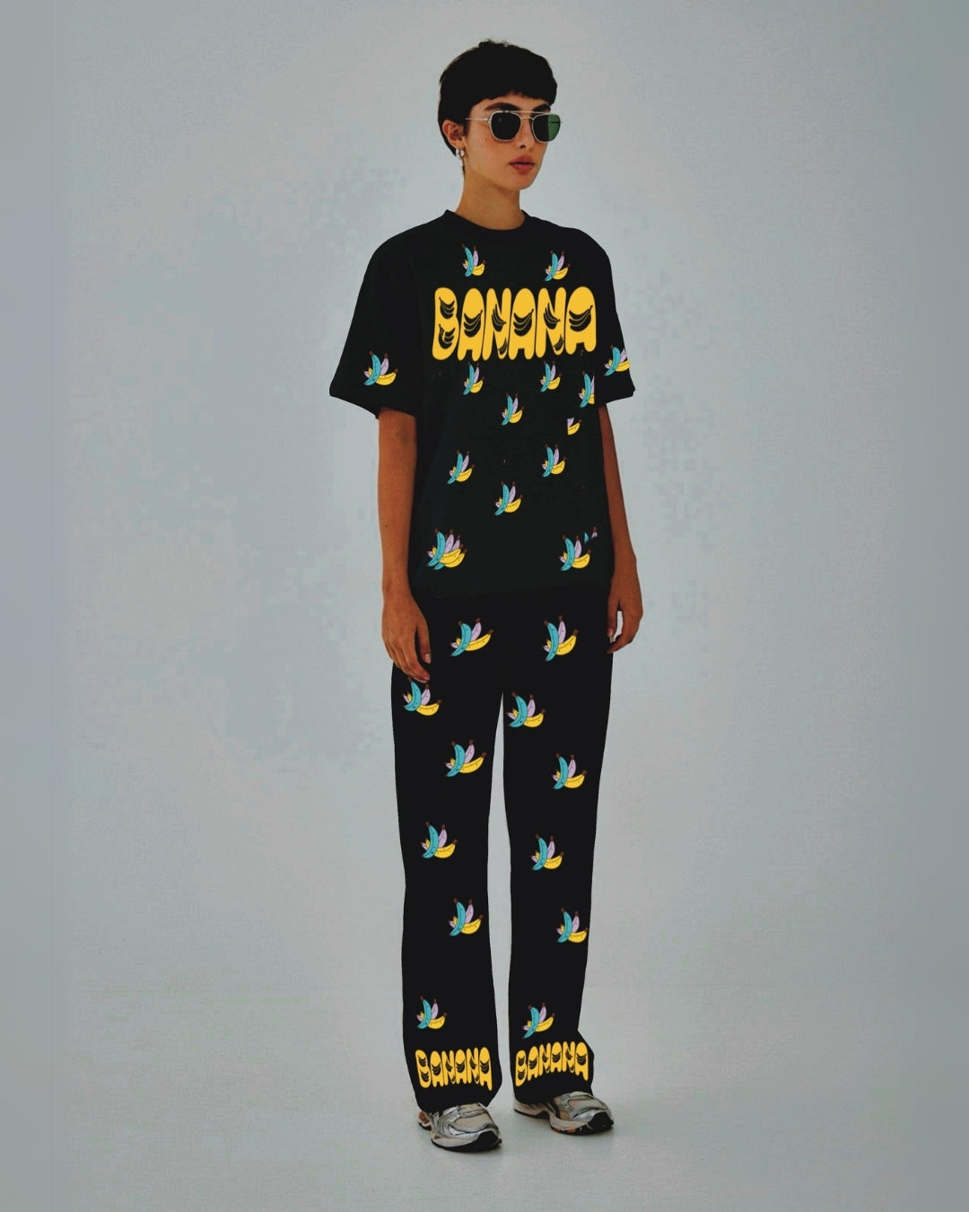 Women Banana Design Oversized Co-Ord Set - Black and Black