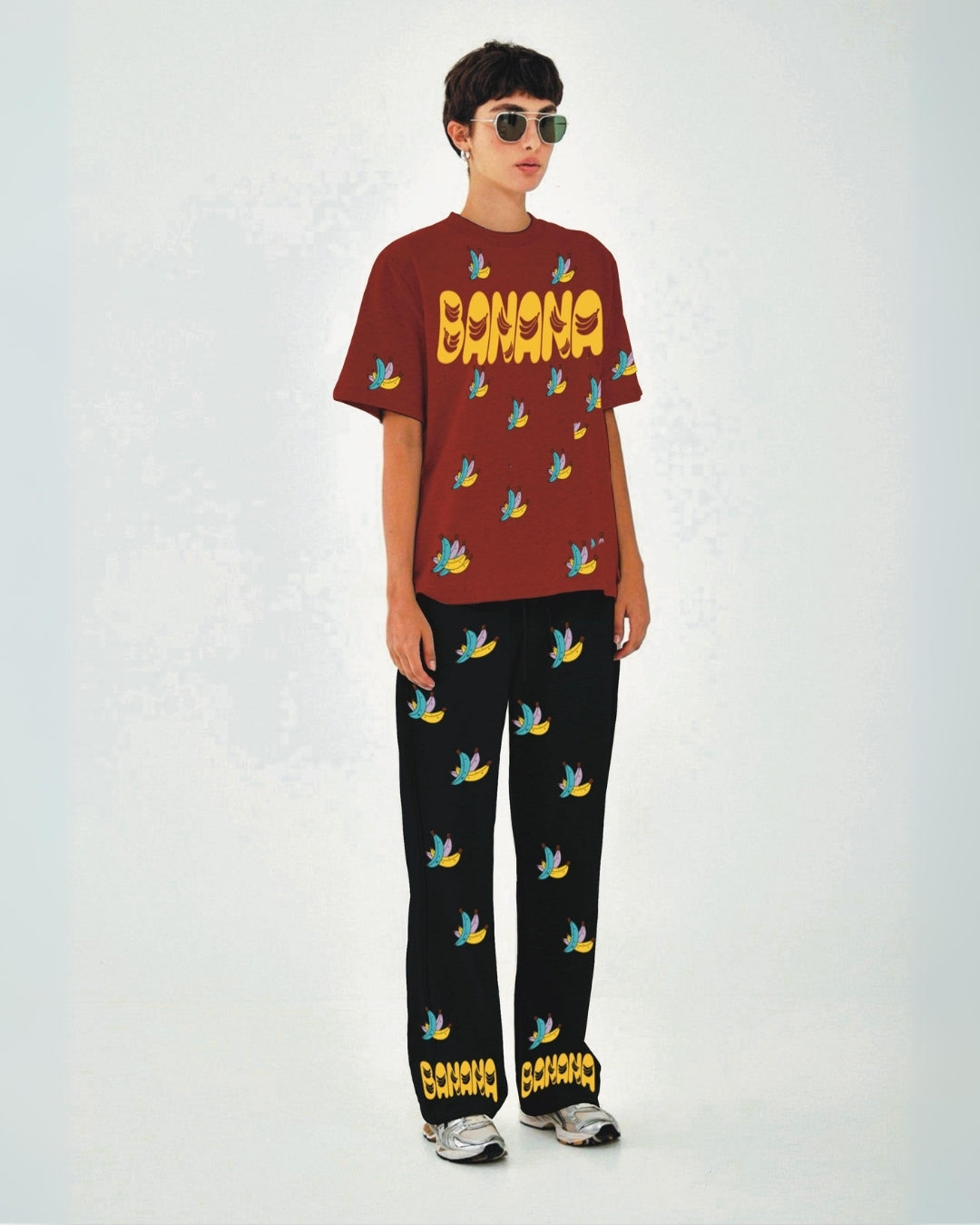 Women Banana Design Oversized Co-Ord Set - Red and Black