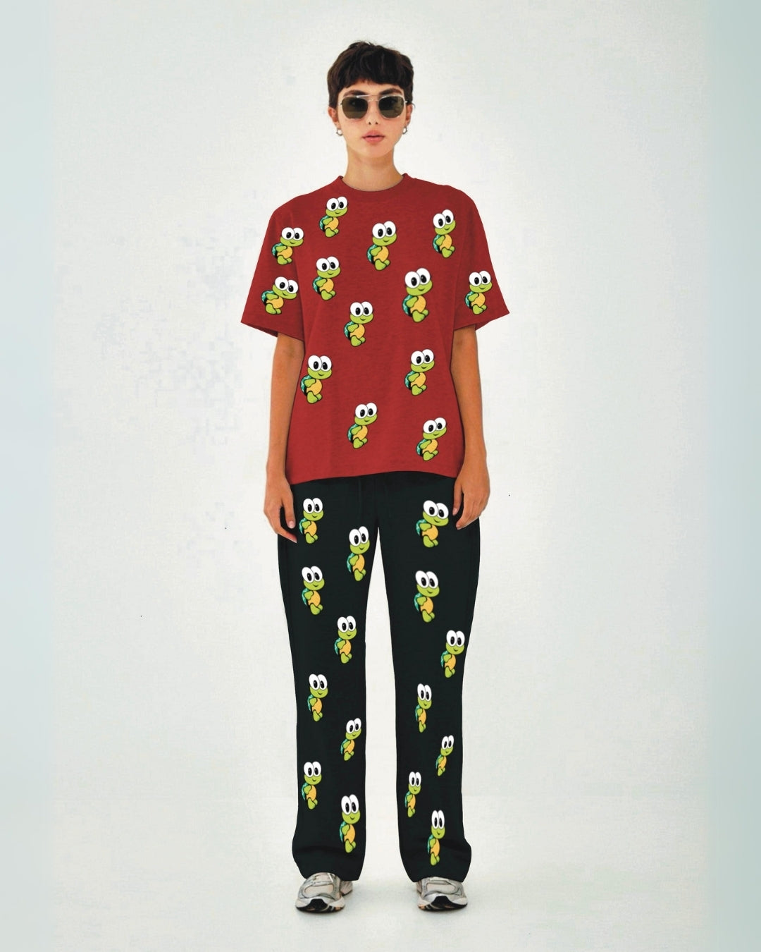 Women Turtle World Oversized Co-Ord Set - Red and Black