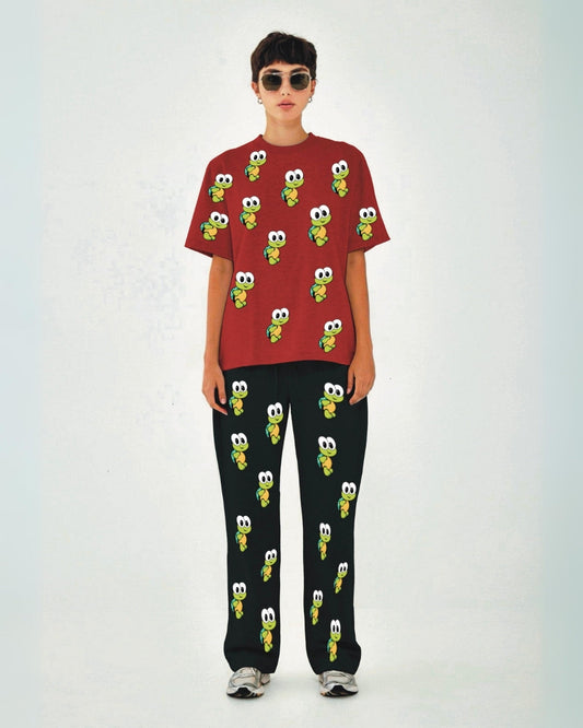 Women Turtle World Oversized Co-Ord Set - Red and Black