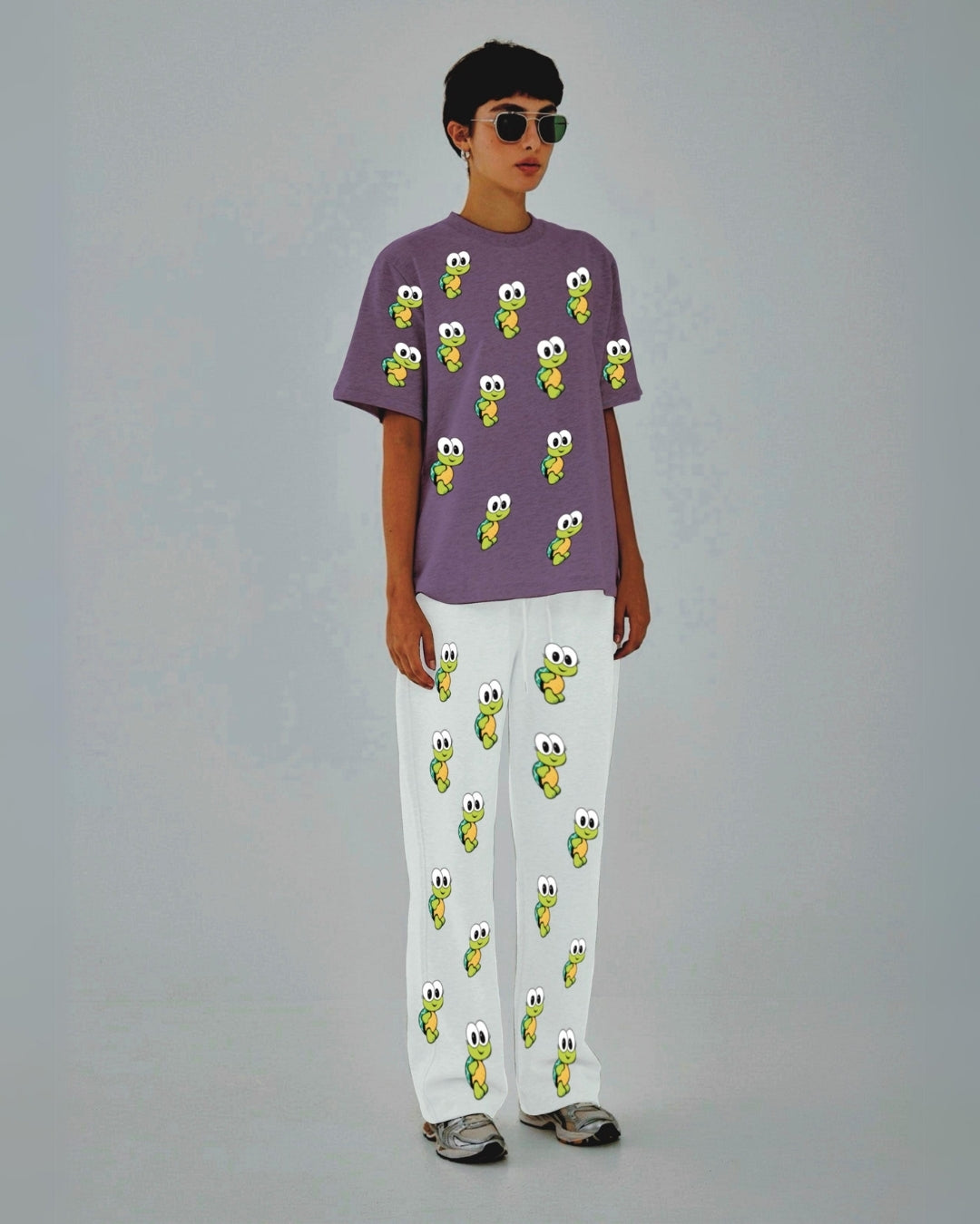 Women Turtle World Oversized Co-Ord Set - Purple and White