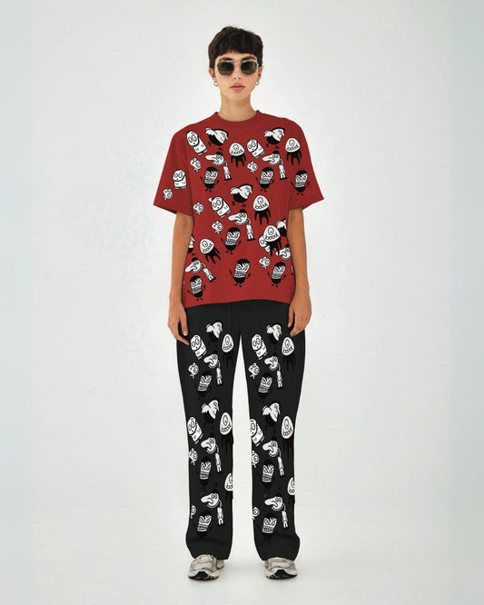 Women Alien World Oversized Co-Ord Set - Red and Black