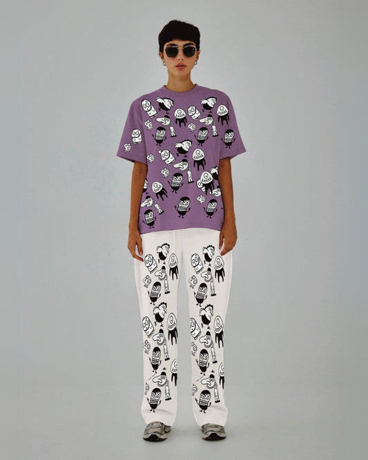 Women Alien World Oversized Co-Ord Set - Purple and White