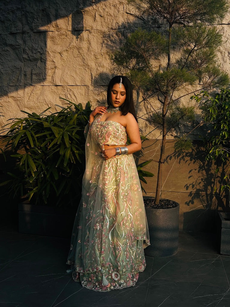 Lime green and pink Lehenga