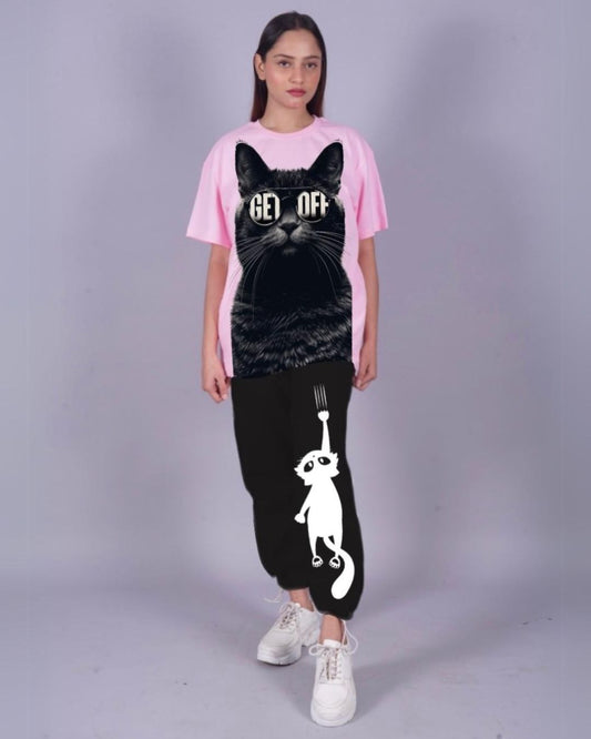 Women Cat Graphic Oversized Co-Ord Set - Pink and Black