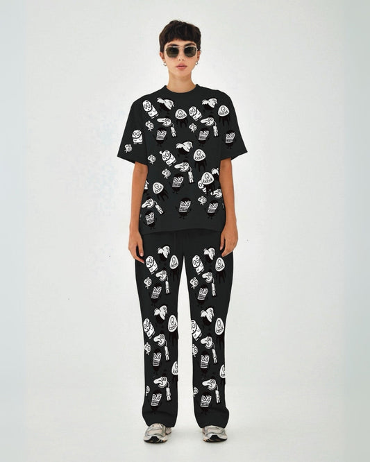 Women Alien World Oversized Co-Ord Set - Black and Black
