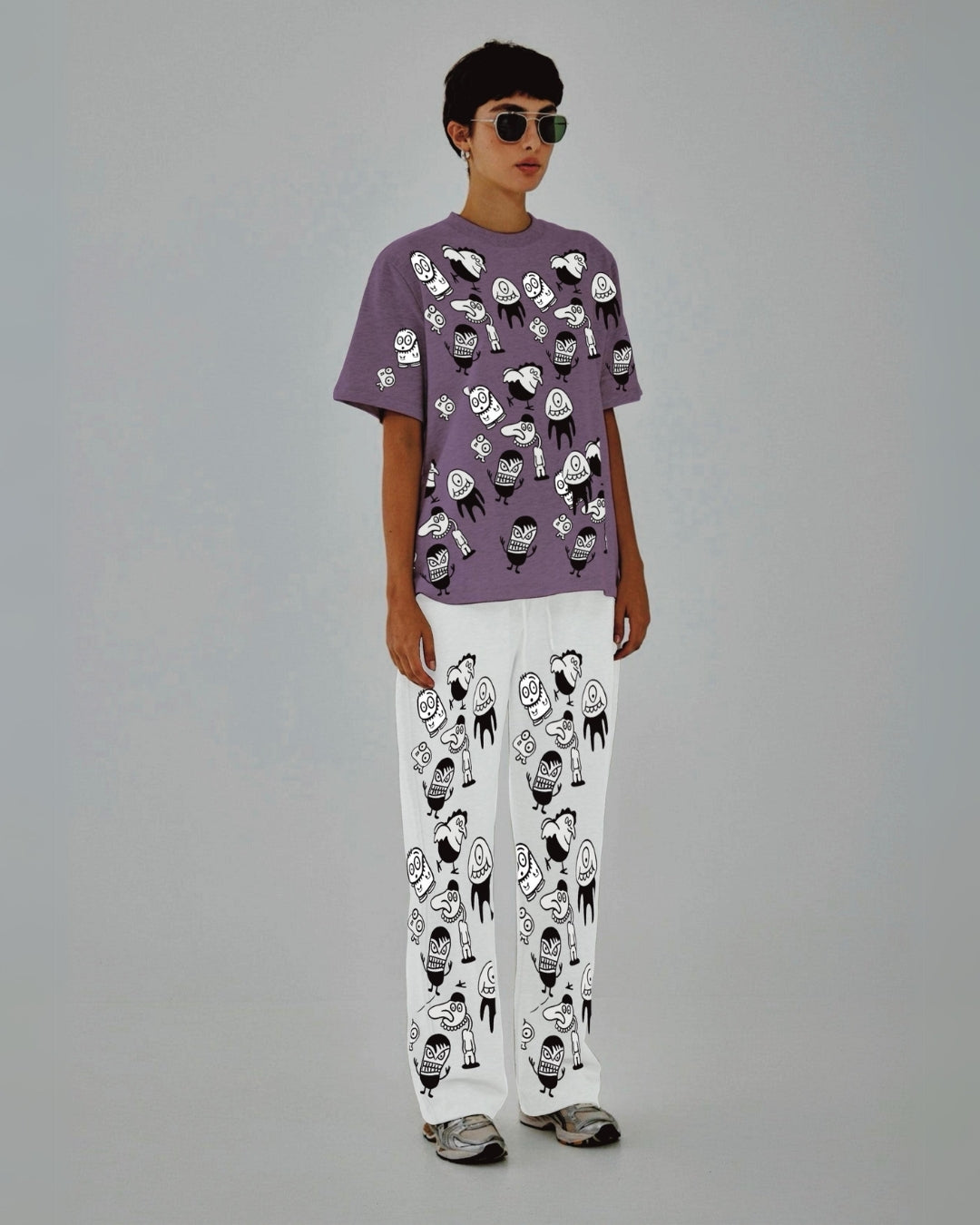 Women Alien World Oversized Co-Ord Set - Purple and White