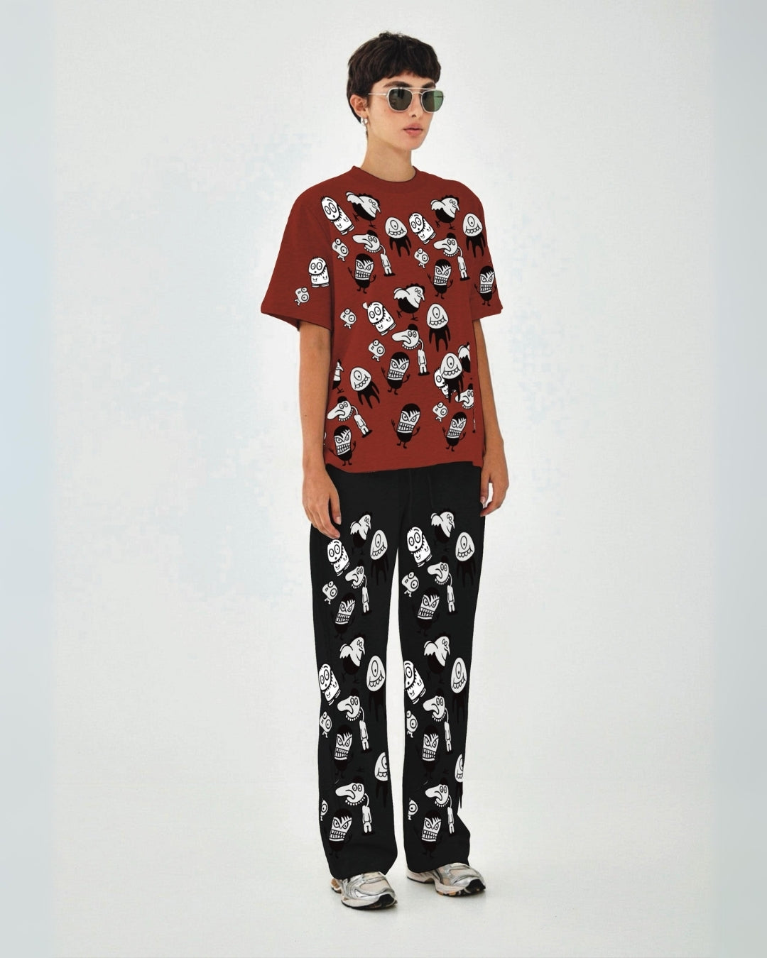 Women Alien World Oversized Co-Ord Set - Red and Black