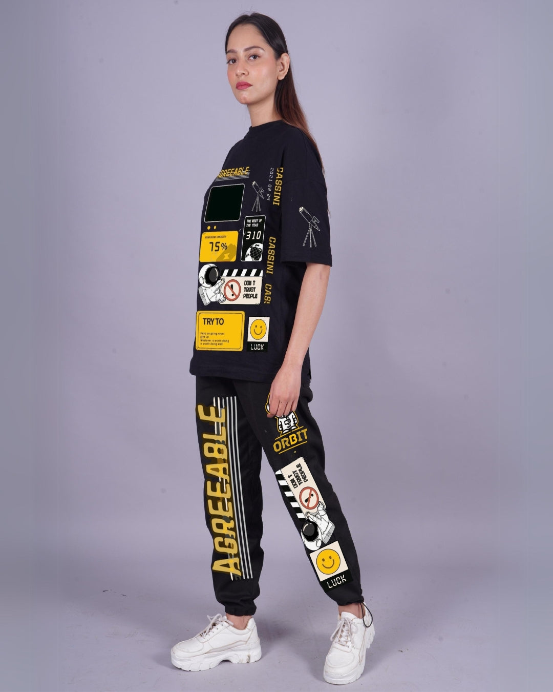 Women Orbit Oversized Co-Ord Set - Black and Black