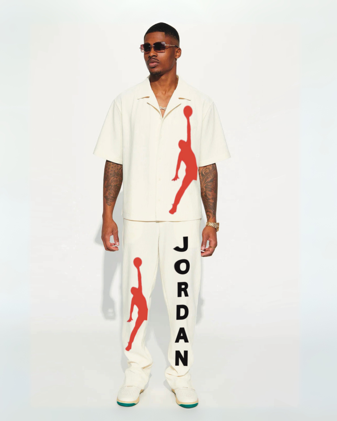 UP-HAND BASKETBALL HALF SLEEVES OVERSIZED KNITTED SHIRT COORD SET - WHITE AND WHITE (*)