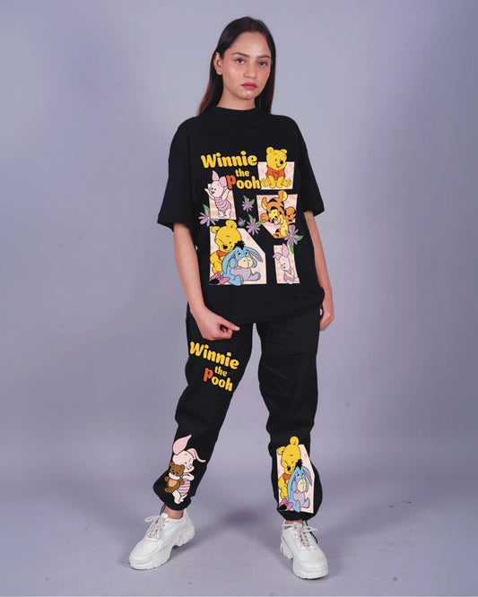 Women Winnie the Pooh Oversized Co-Ord Set - Black and Black