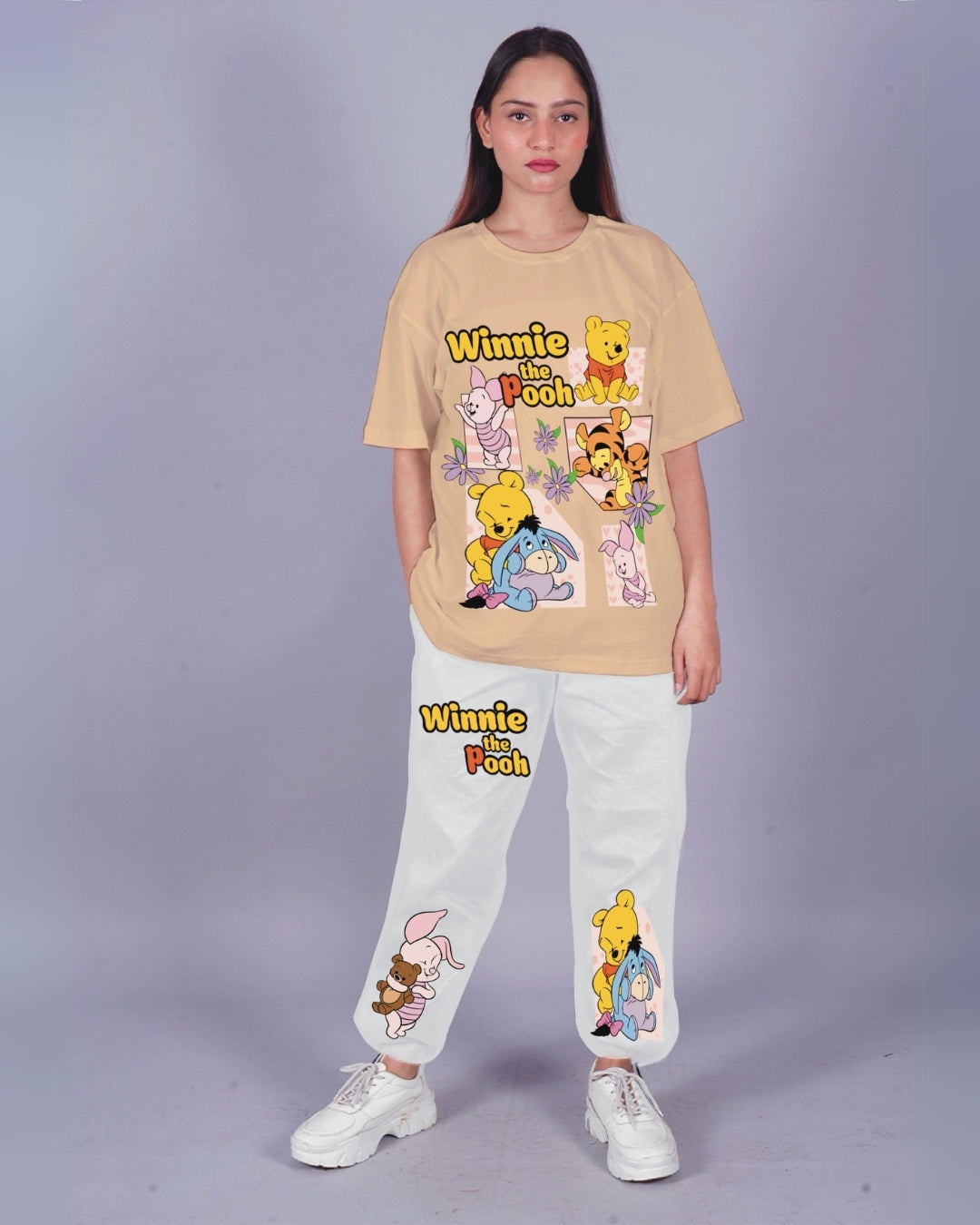 Women Winnie the Pooh Oversized Co-Ord Set - Beige and White